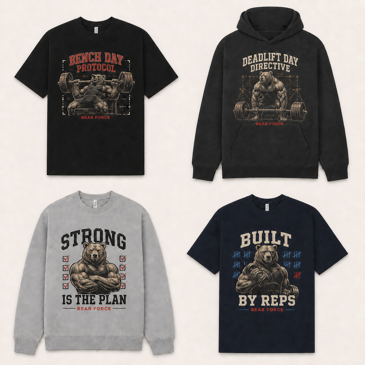 Four Bear Force Bear Plan training garments on approved Absolute Apparel blanks