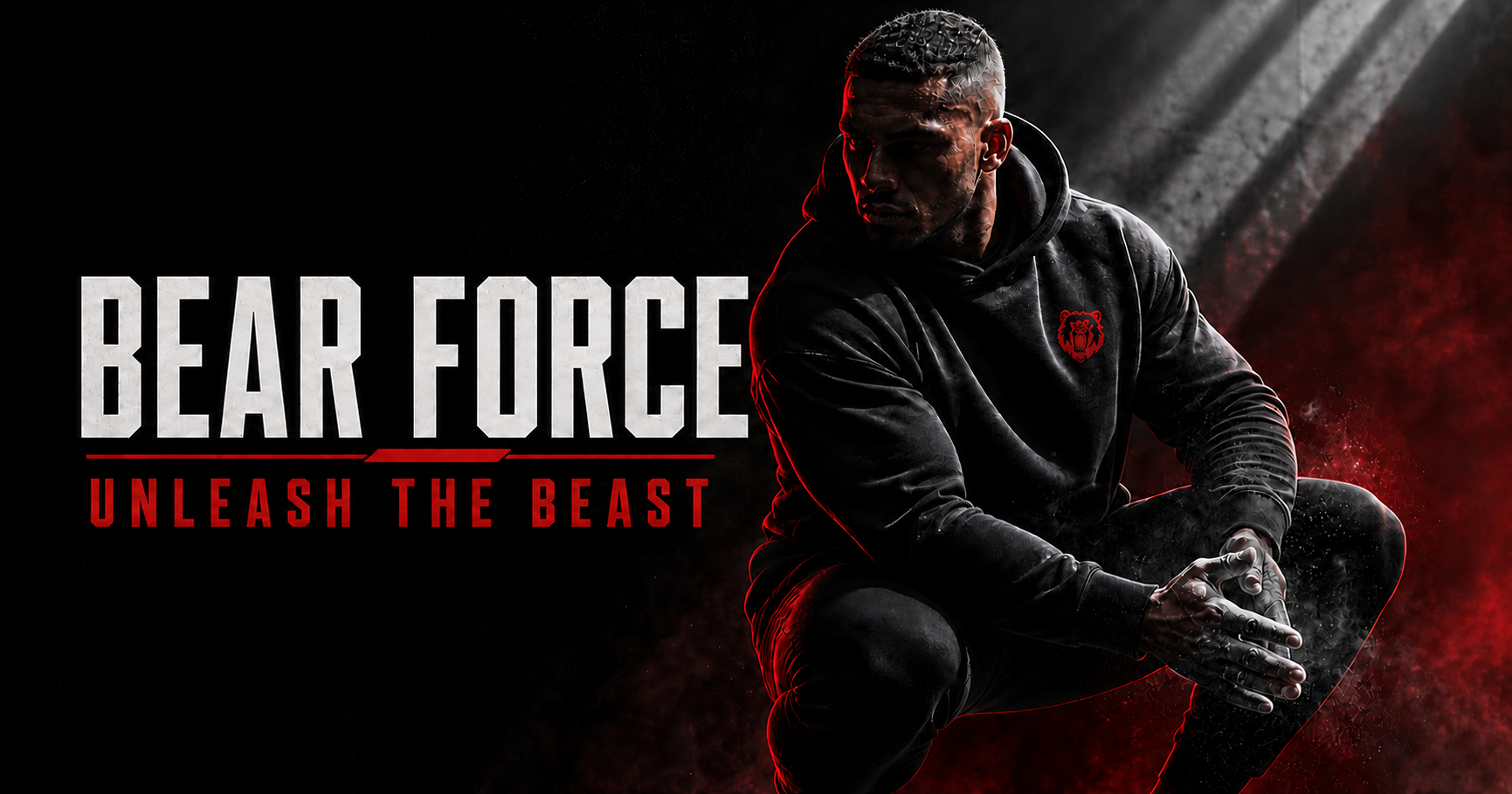 Bear Force athlete wearing a black hooded top with a left-chest Bear Force mark