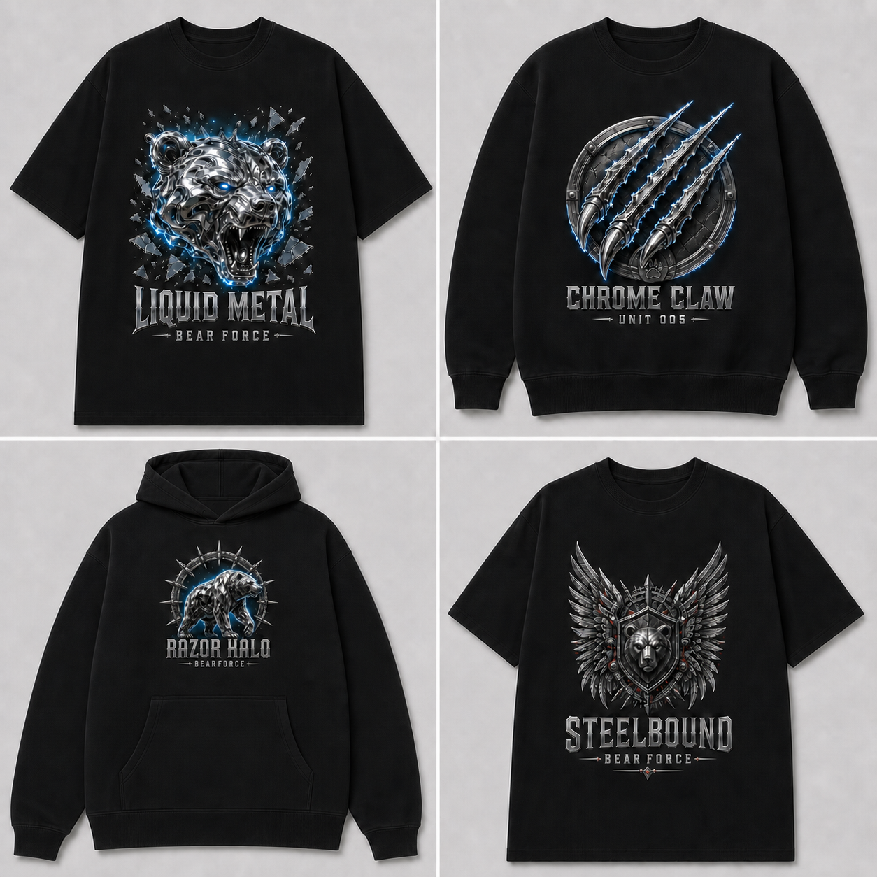Bear Force Chrome Carnage black garments with original metallic graphics