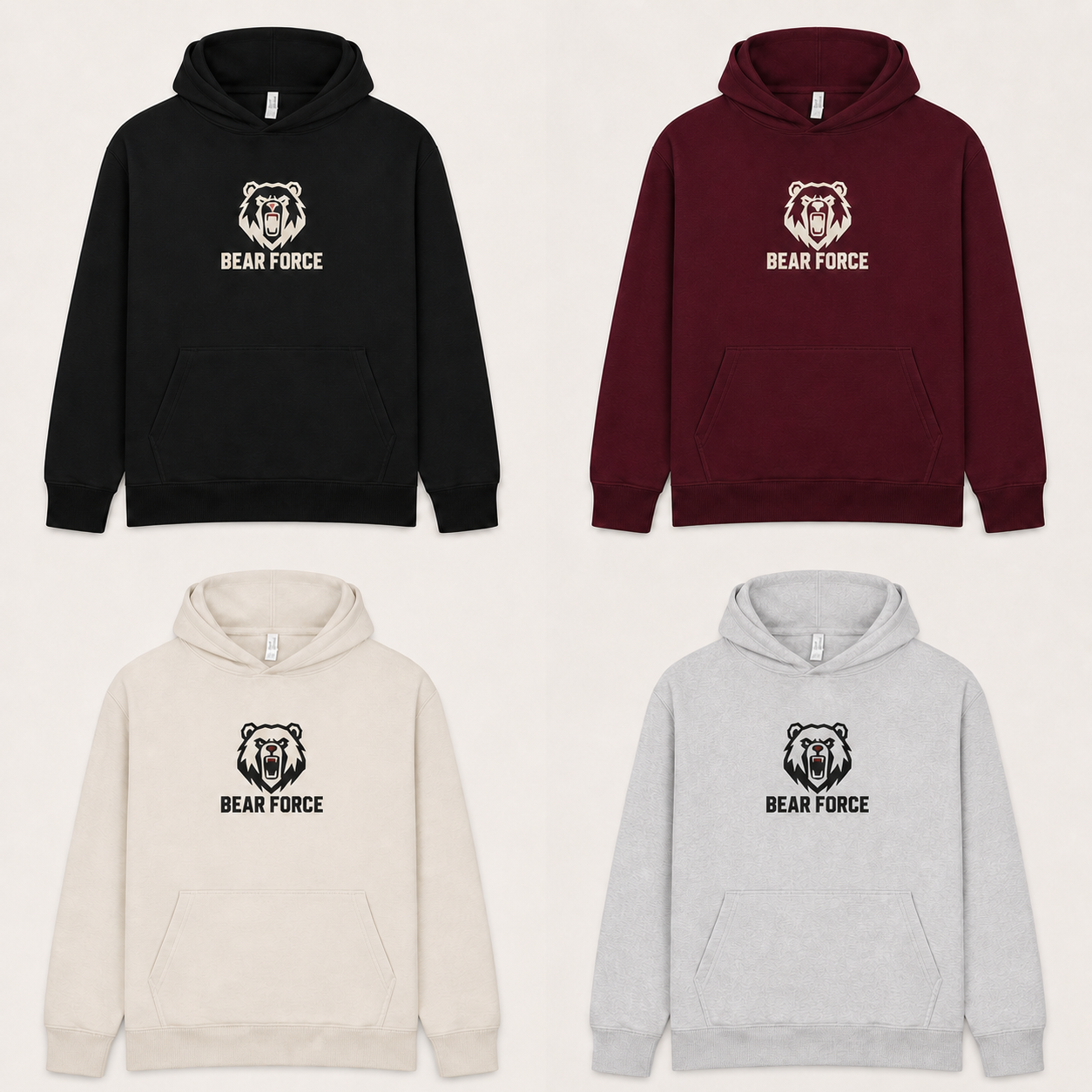 Four Bear Force CRBHS30 oversized logo hoodies in black, burgundy, ecru and ash grey
