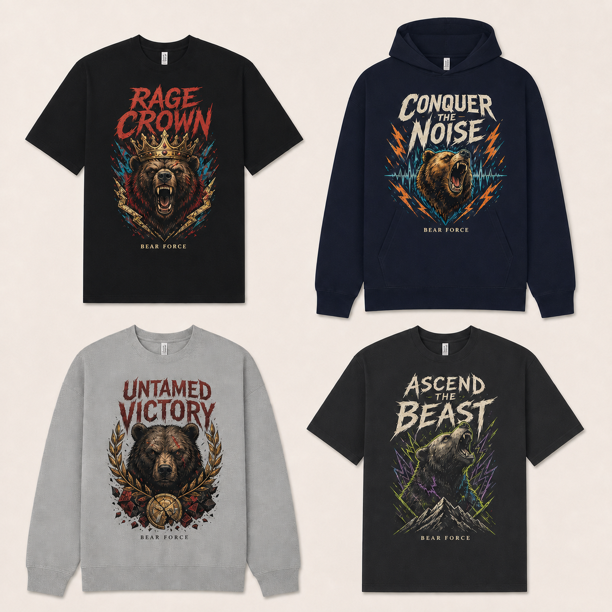 Four colourful Bear Force Rage and Conquer garments on approved Absolute Apparel blanks