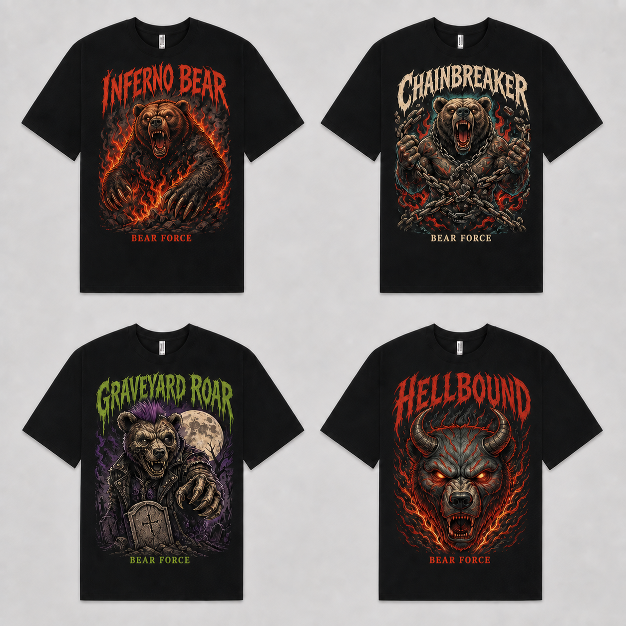 Four black and charcoal Bear Force Rage Hell graphic oversized T-shirts